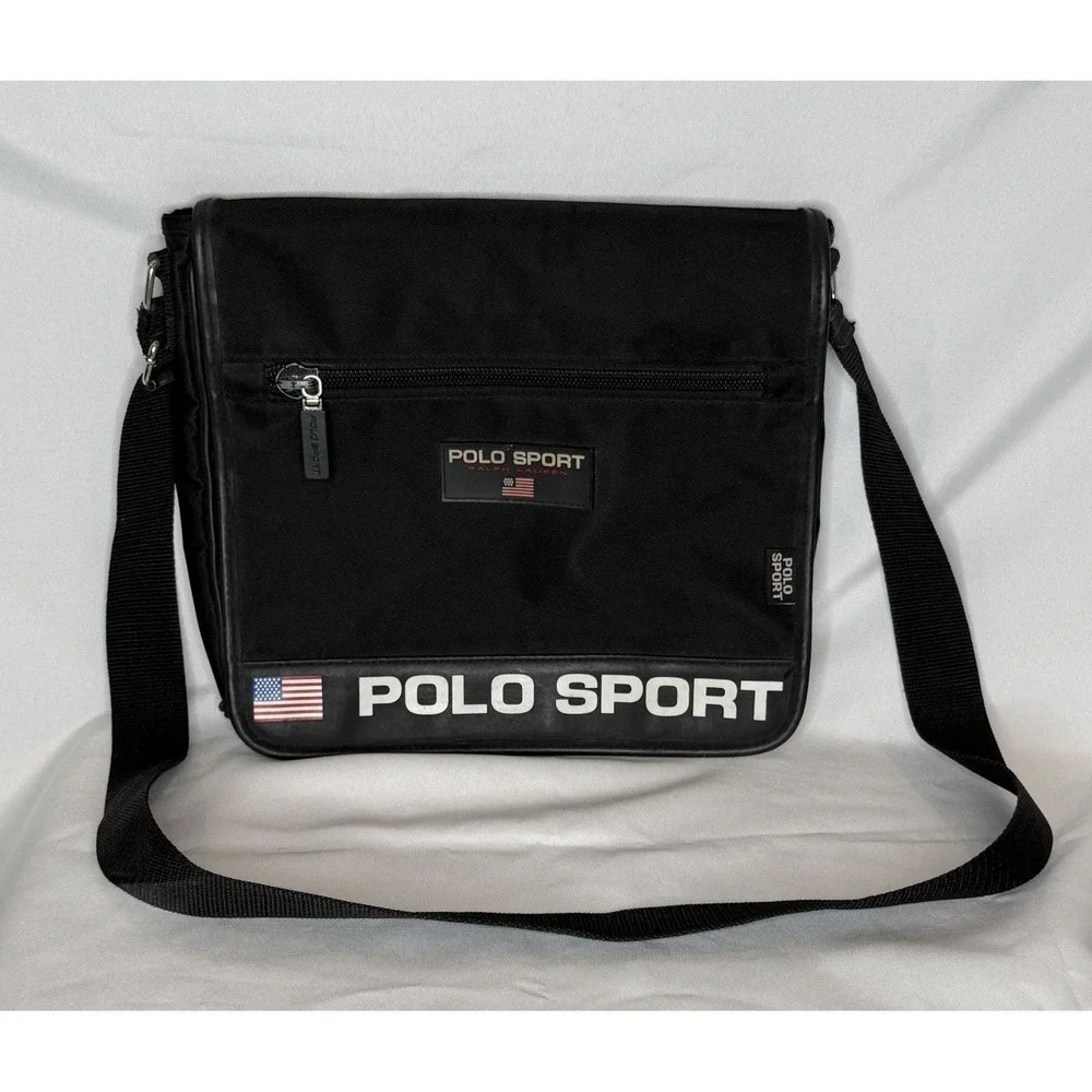 Vtg Polo Sport Ralph Lauren messenger‎ black bag nylon Y2K USA flag logo 11x11x2